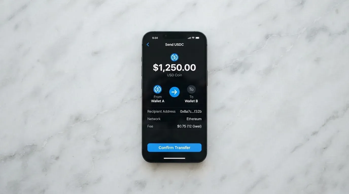 A phone showing a stablecoin transfer screen