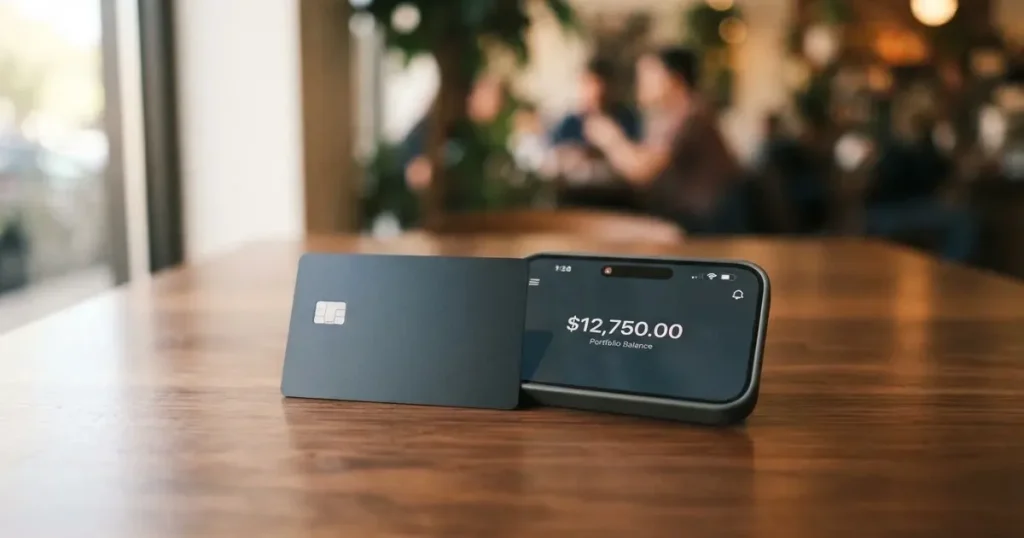 A payment card next to a phone with a crypto wallet app open
