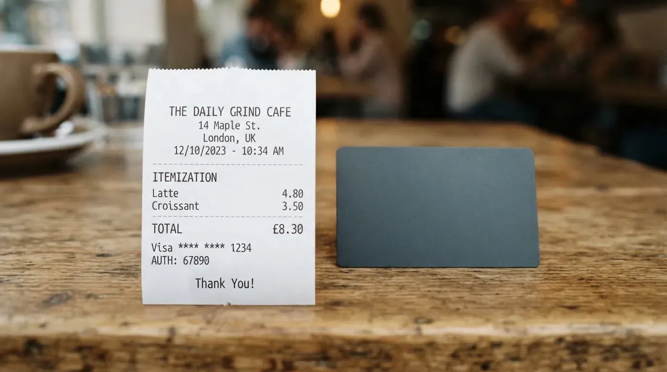 A receipt and a card on a café table