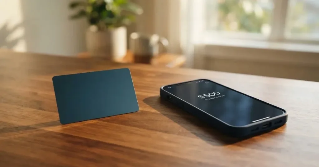 A payment card next to a phone with a crypto wallet app open