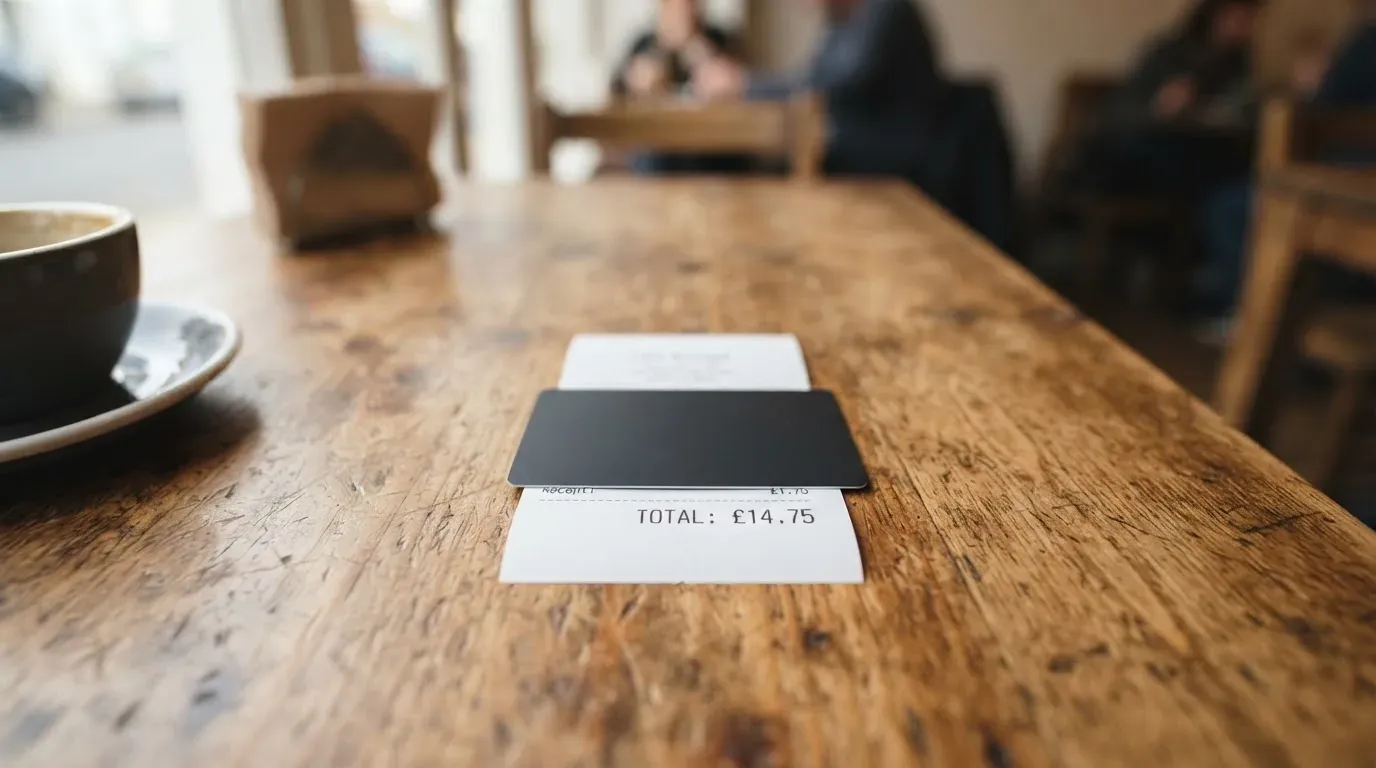 A receipt and a card on a café table