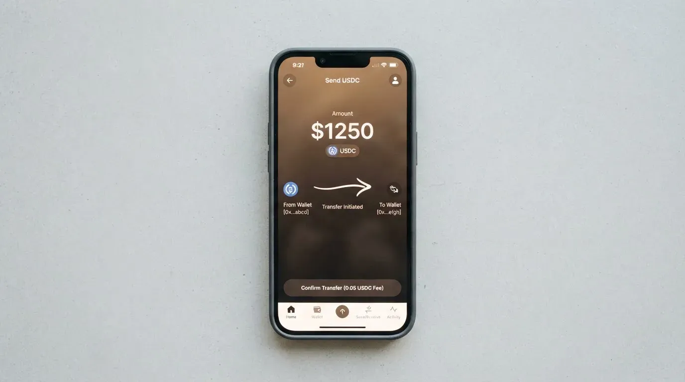 A phone showing a stablecoin transfer screen