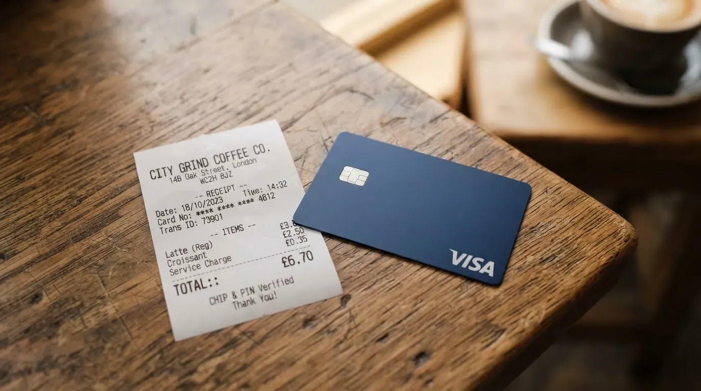 A receipt and a card on a café table