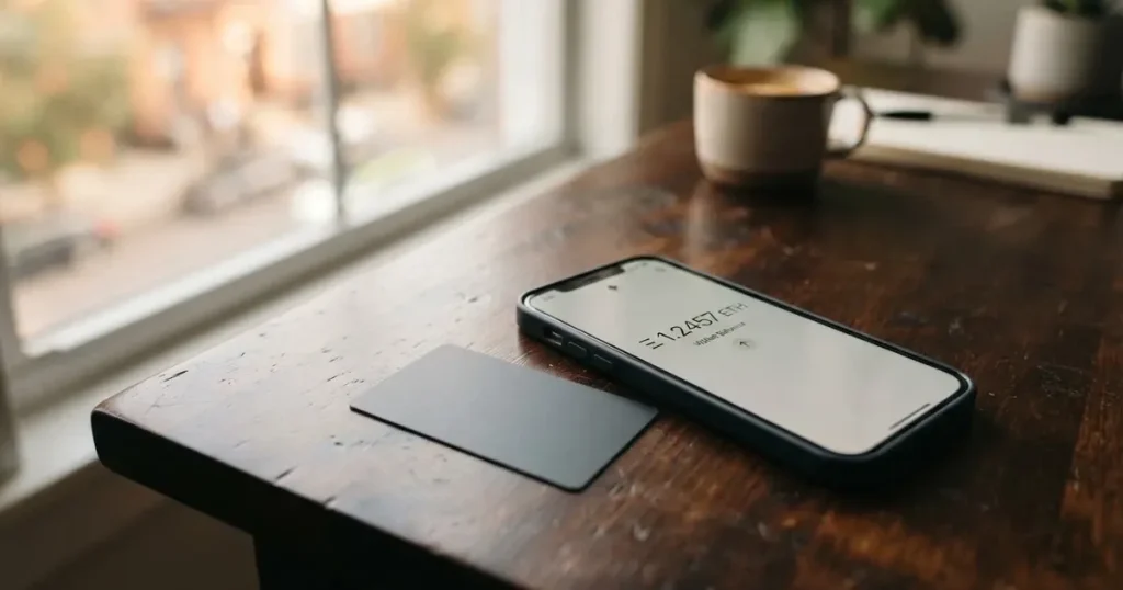 A payment card next to a phone with a crypto wallet app open