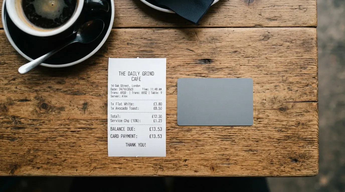 A receipt and a card on a café table