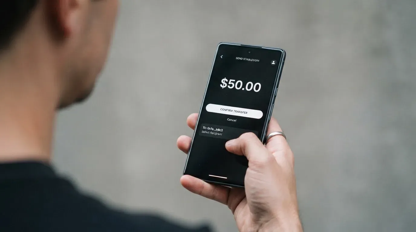 A phone showing a stablecoin transfer screen