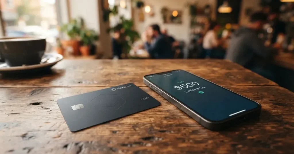 A payment card next to a phone with a crypto wallet app open