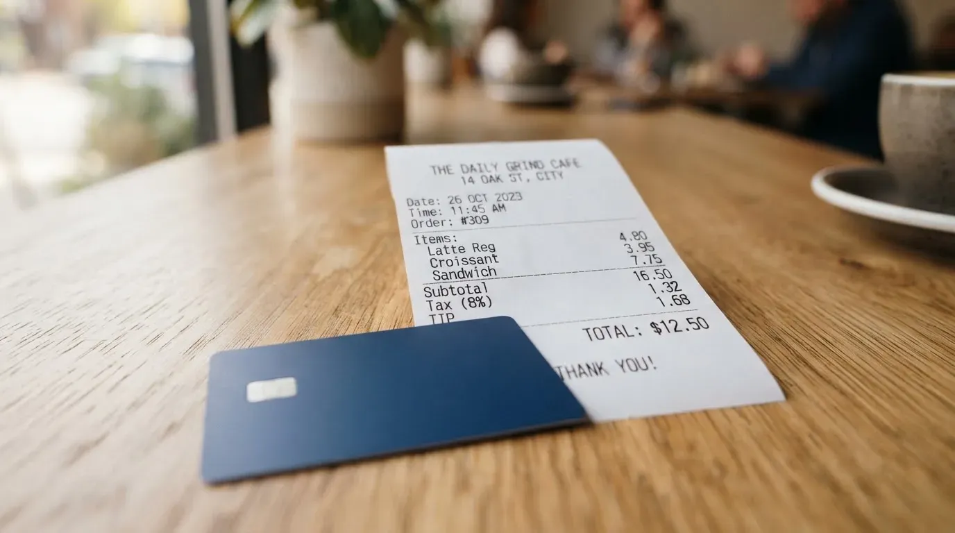 A receipt and a card on a café table