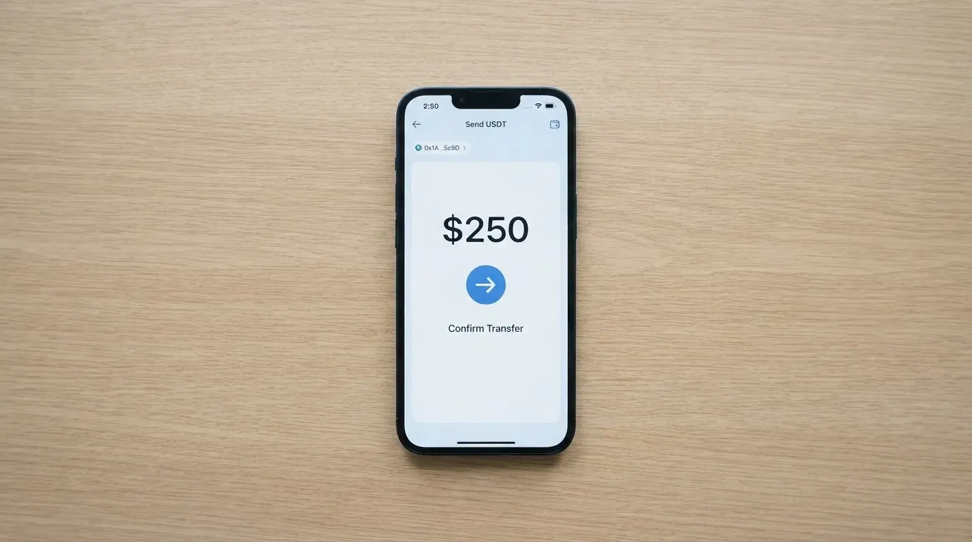 A phone showing a stablecoin transfer screen