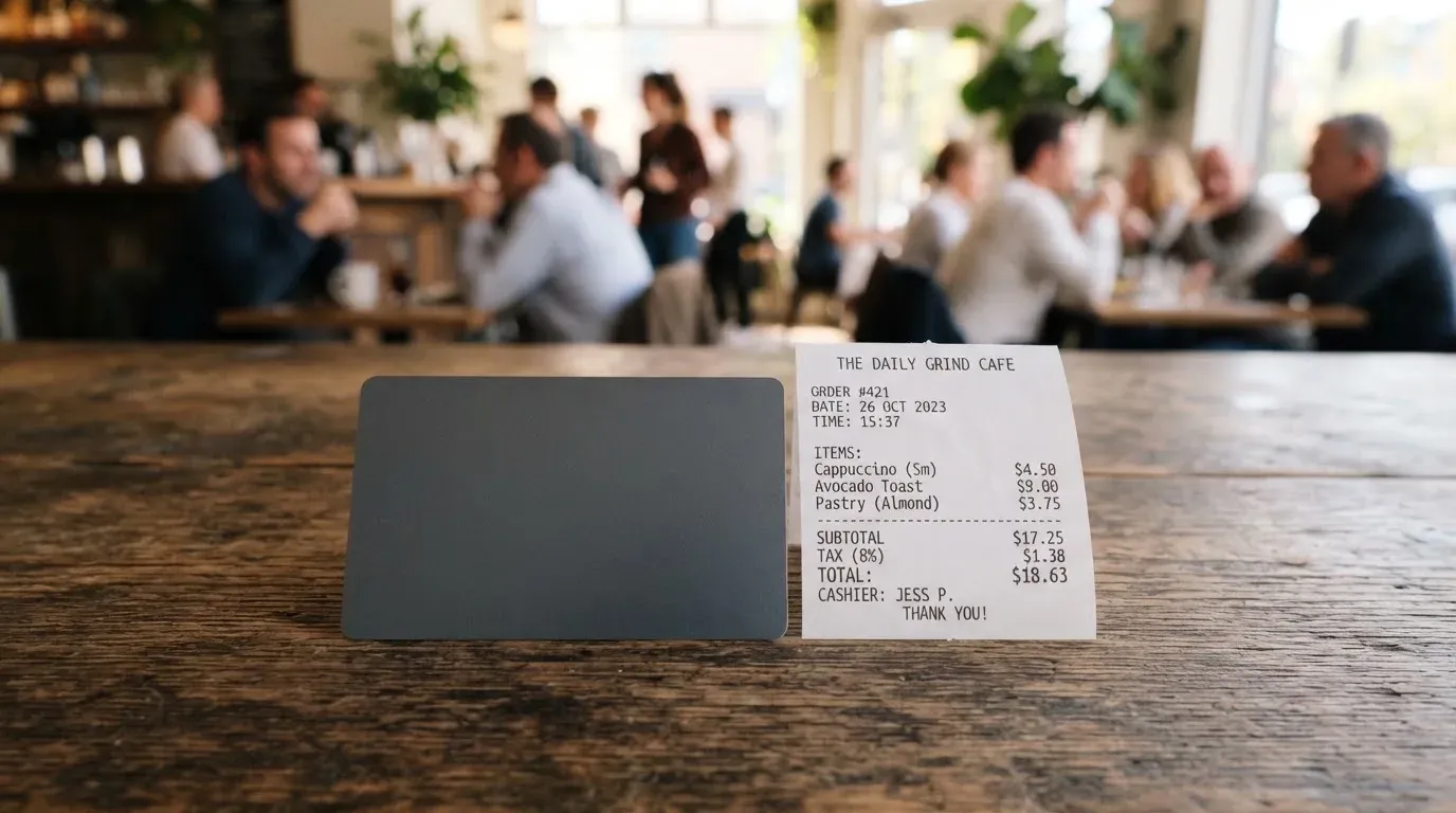 A receipt and a card on a café table