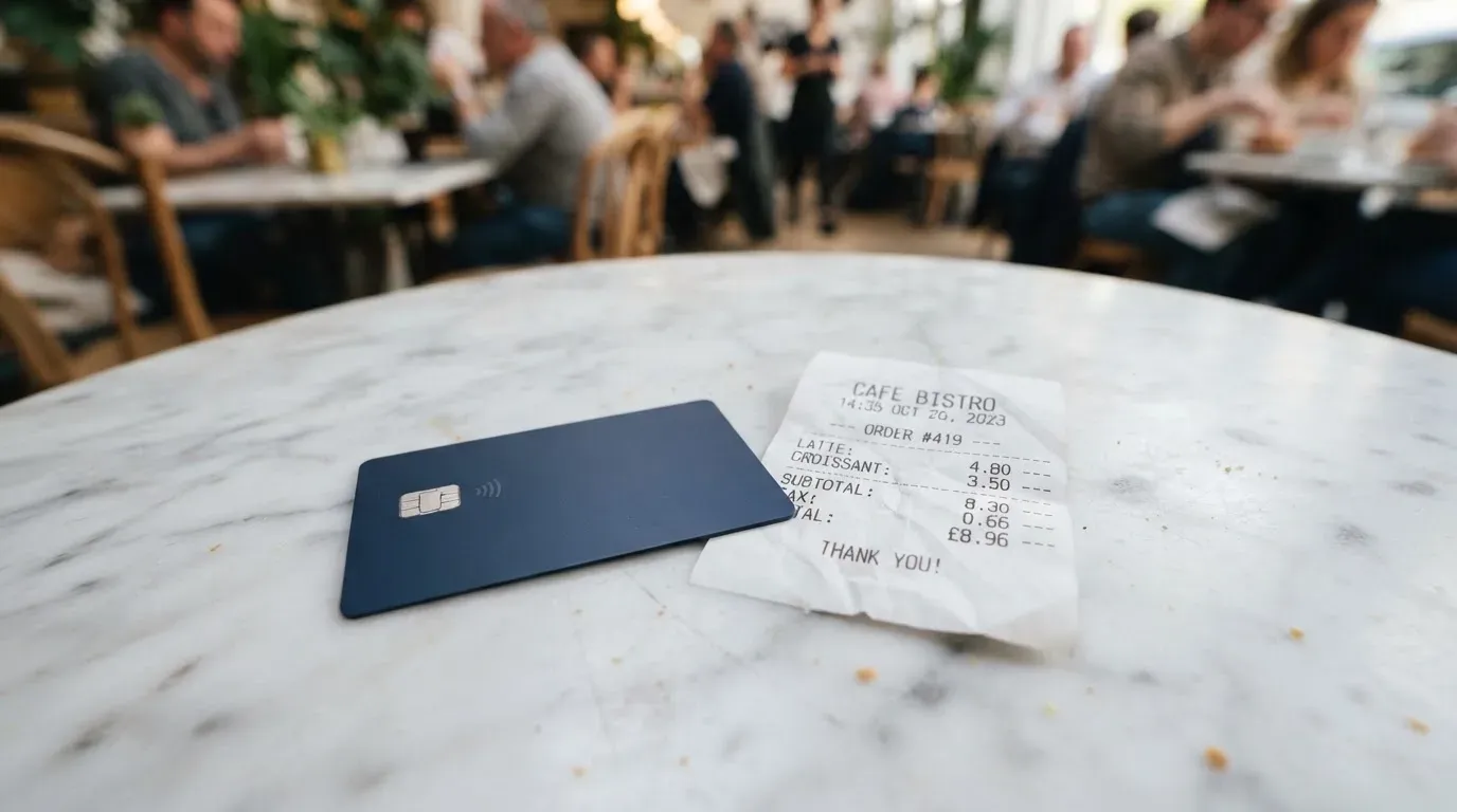 A receipt and a card on a café table