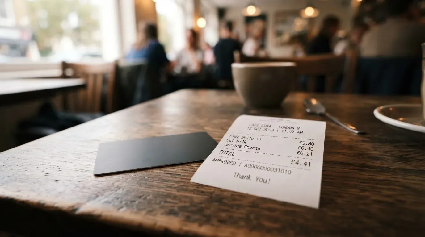 A receipt and a card on a café table