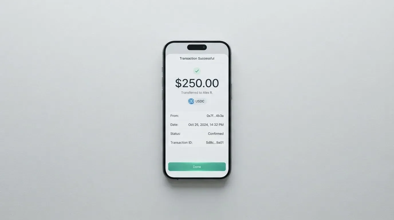 A phone showing a stablecoin transfer screen