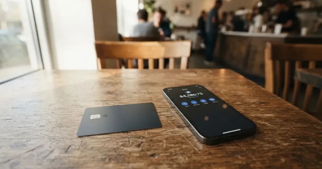 A payment card next to a phone with a crypto wallet app open