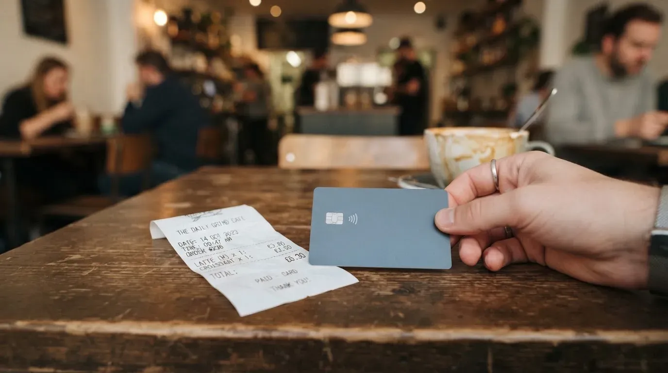 A receipt and a card on a café table