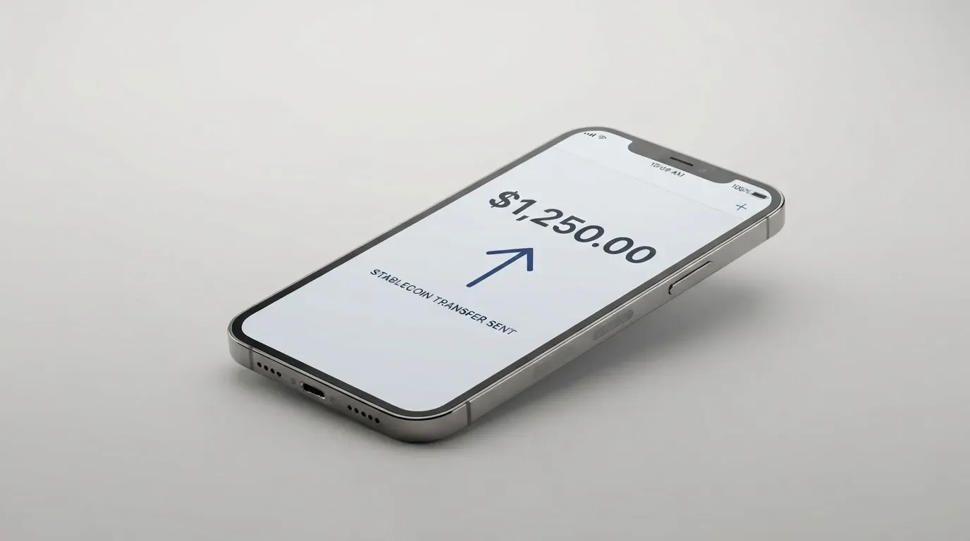 A phone showing a stablecoin transfer screen