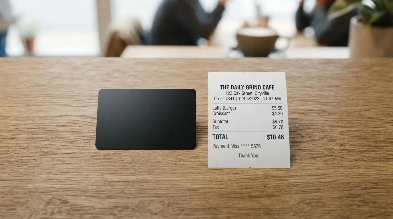 A receipt and a card on a café table