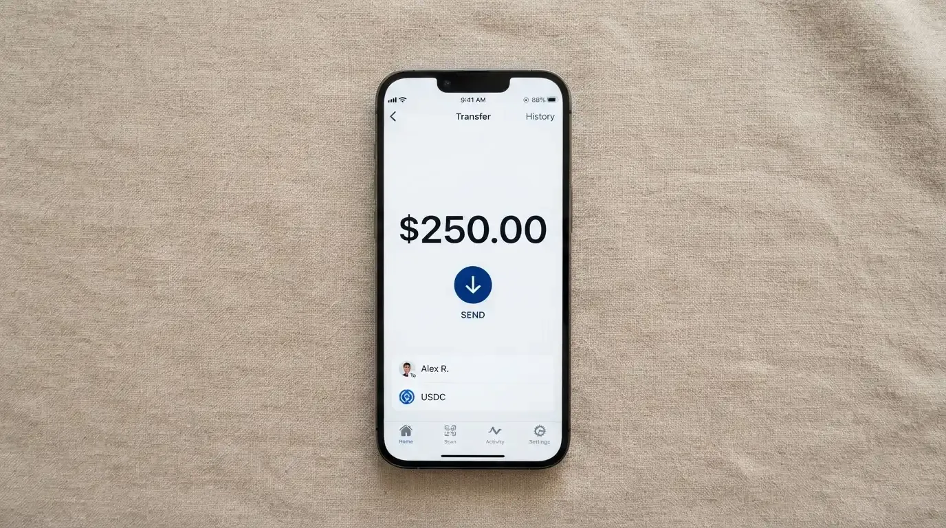 A phone showing a stablecoin transfer screen