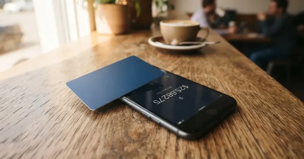 A payment card next to a phone with a crypto wallet app open