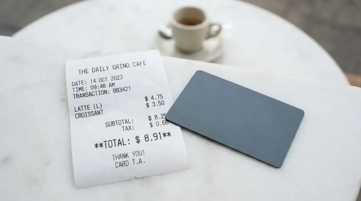 A receipt and a card on a café table