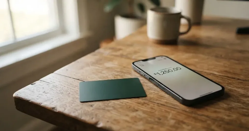 A payment card next to a phone with a crypto wallet app open