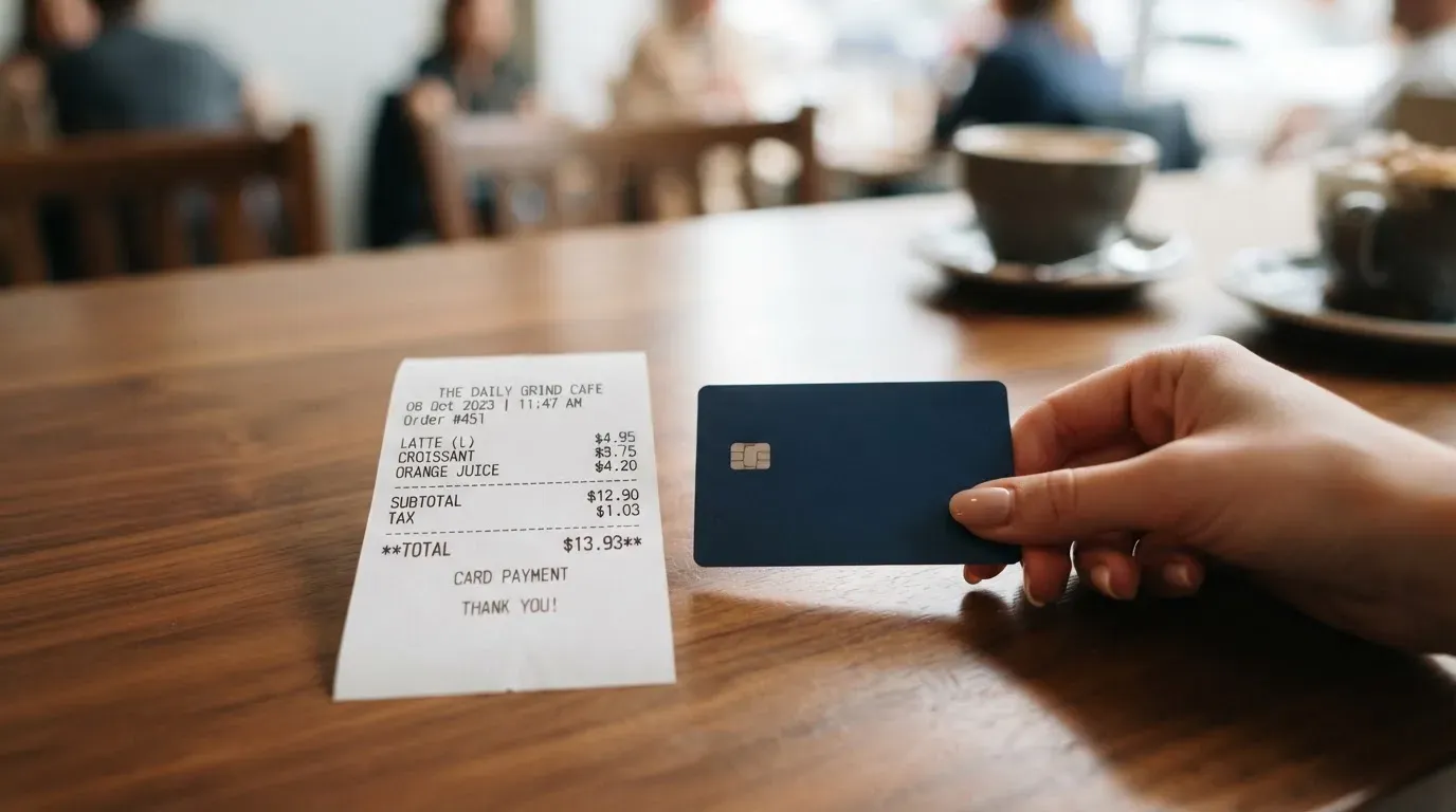 A receipt and a card on a café table