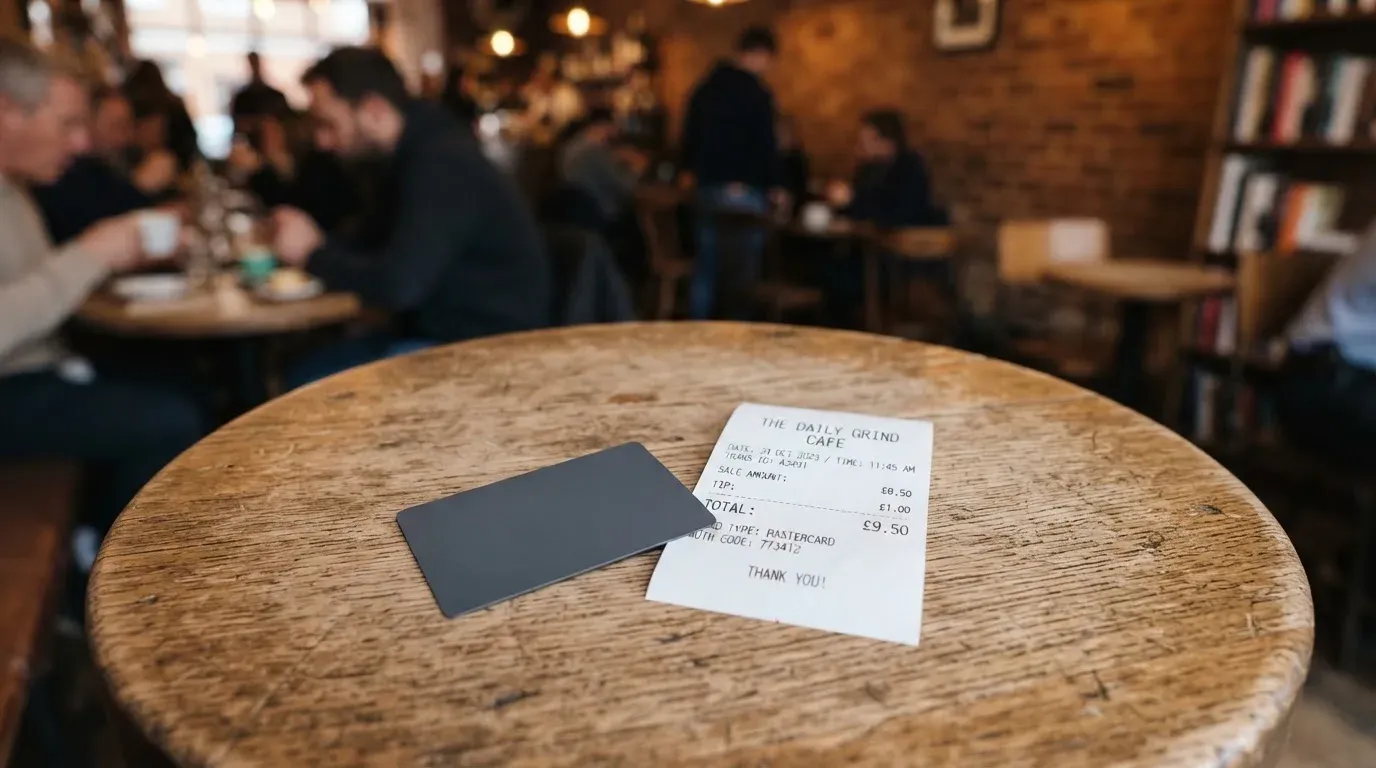 A receipt and a card on a café table