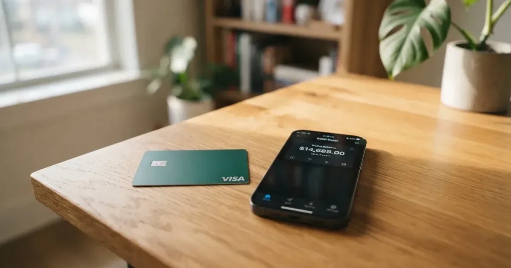A payment card next to a phone with a crypto wallet app open