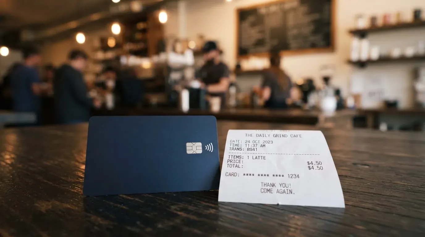 A receipt and a card on a café table