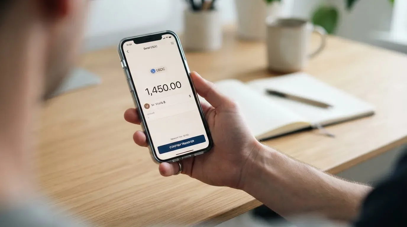 A phone showing a stablecoin transfer screen