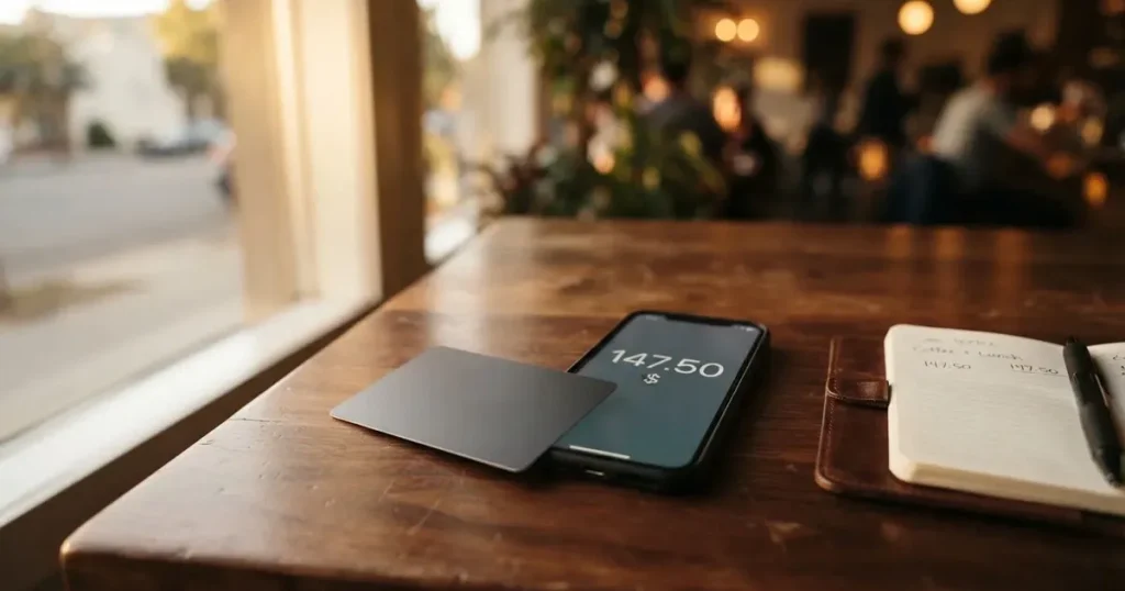 A payment card next to a phone with a crypto wallet app open