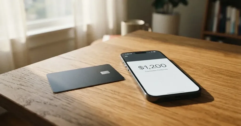 A payment card next to a phone with a crypto wallet app open