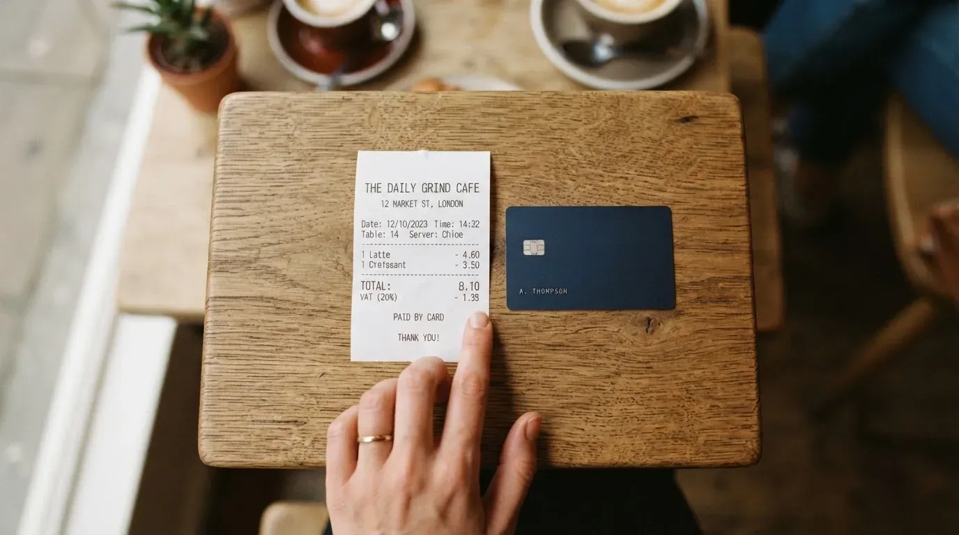A receipt and a card on a café table