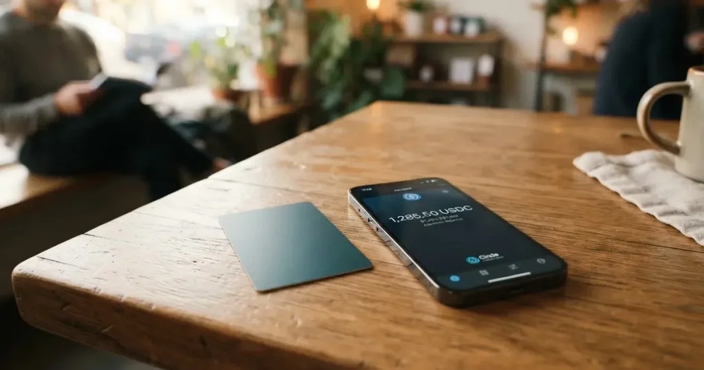 A payment card next to a phone with a crypto wallet app open
