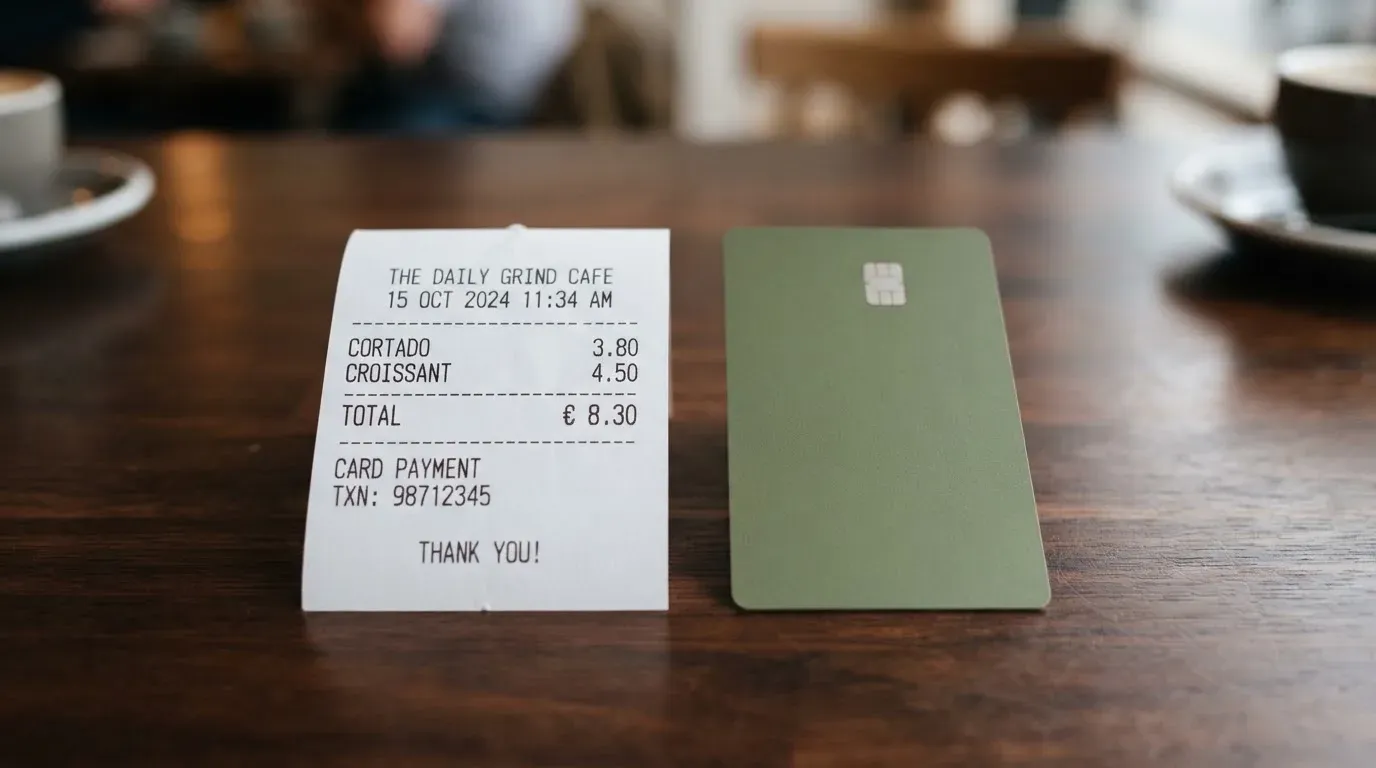 A receipt and a card on a café table