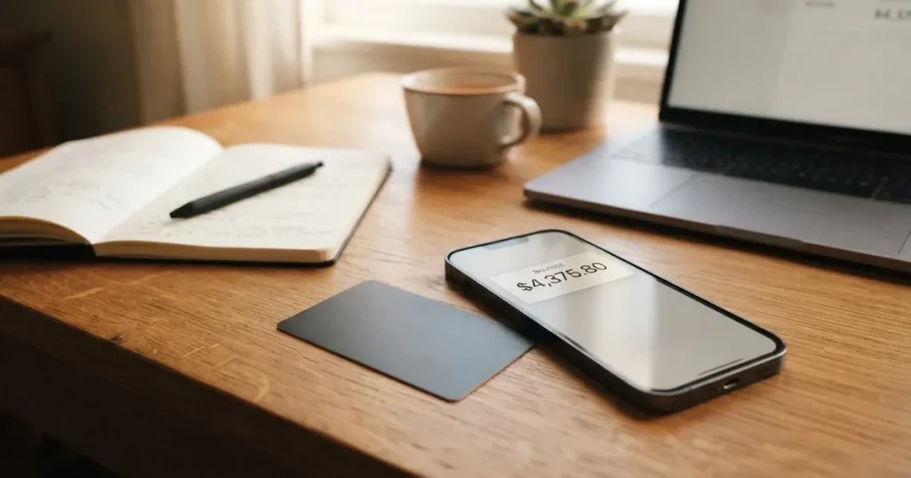 A payment card next to a phone with a crypto wallet app open