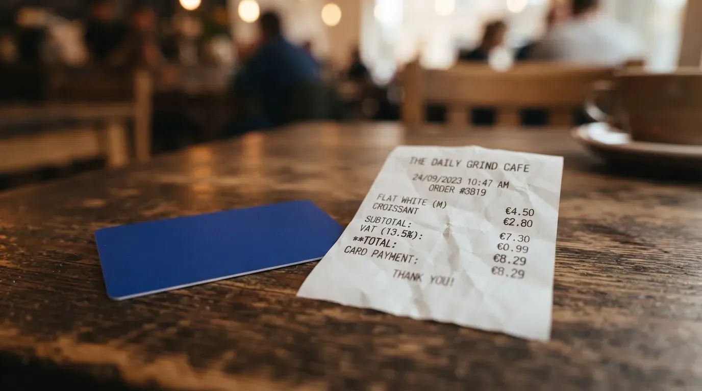 A receipt and a card on a café table