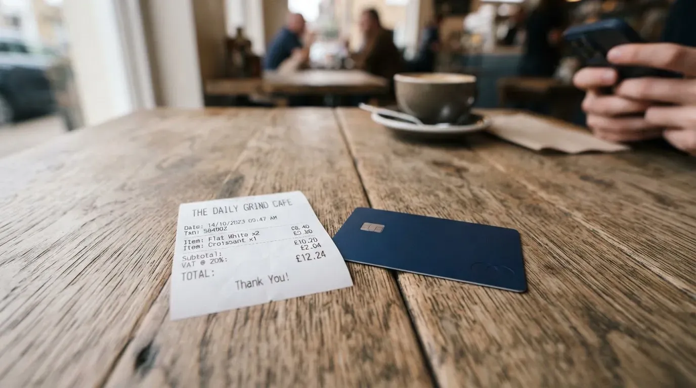 A receipt and a card on a café table