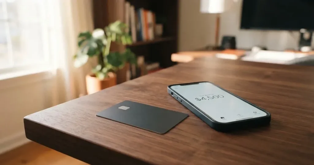 A payment card next to a phone with a crypto wallet app open