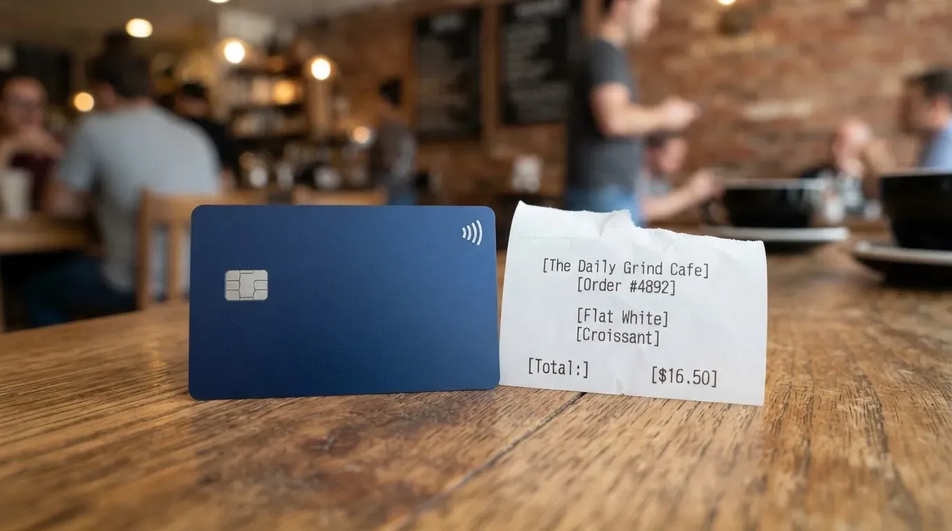 A receipt and a card on a café table