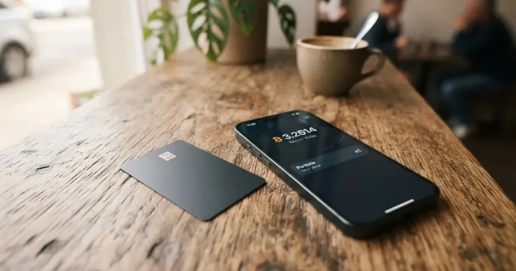 A payment card next to a phone with a crypto wallet app open