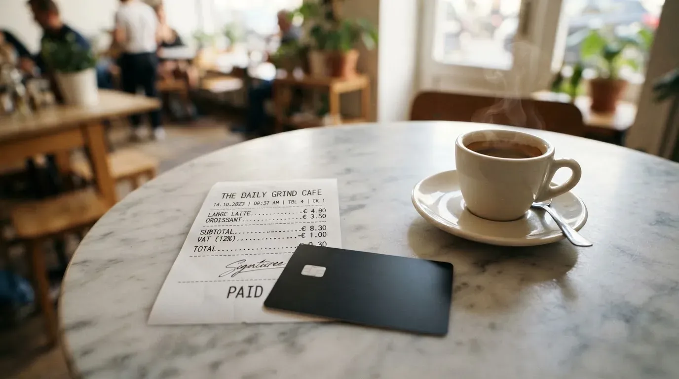 A receipt and a card on a café table