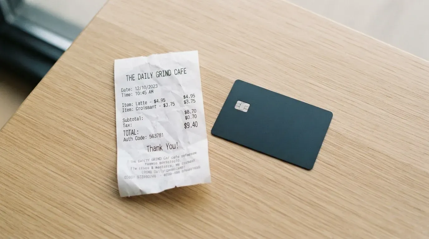 A receipt and a card on a café table