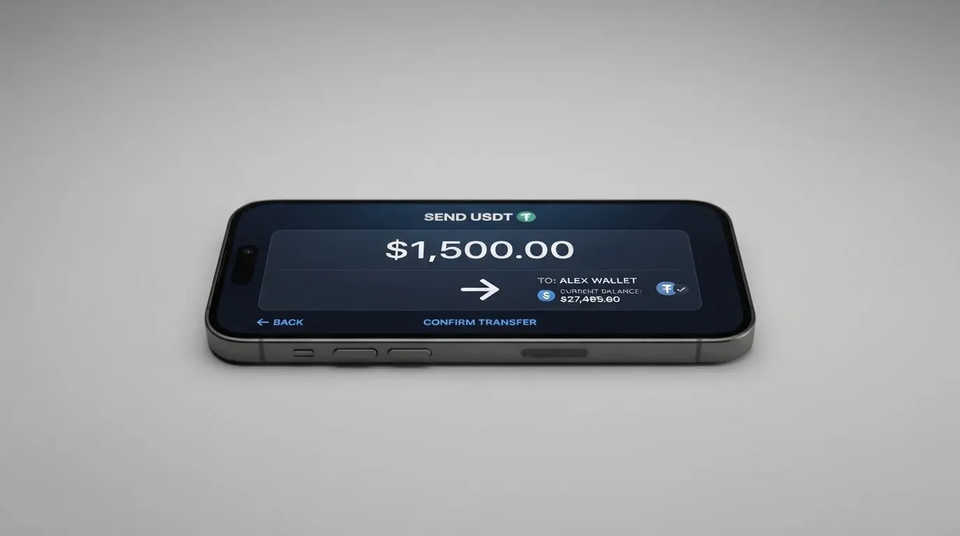 A phone showing a stablecoin transfer screen