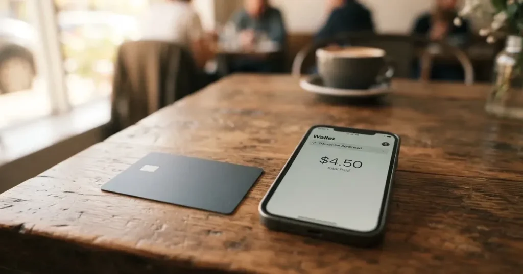 A payment card next to a phone with a crypto wallet app open