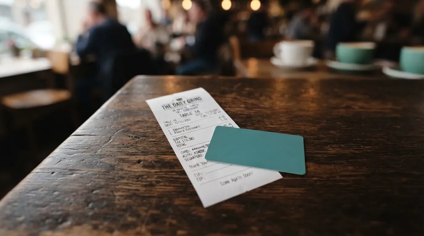 A receipt and a card on a café table