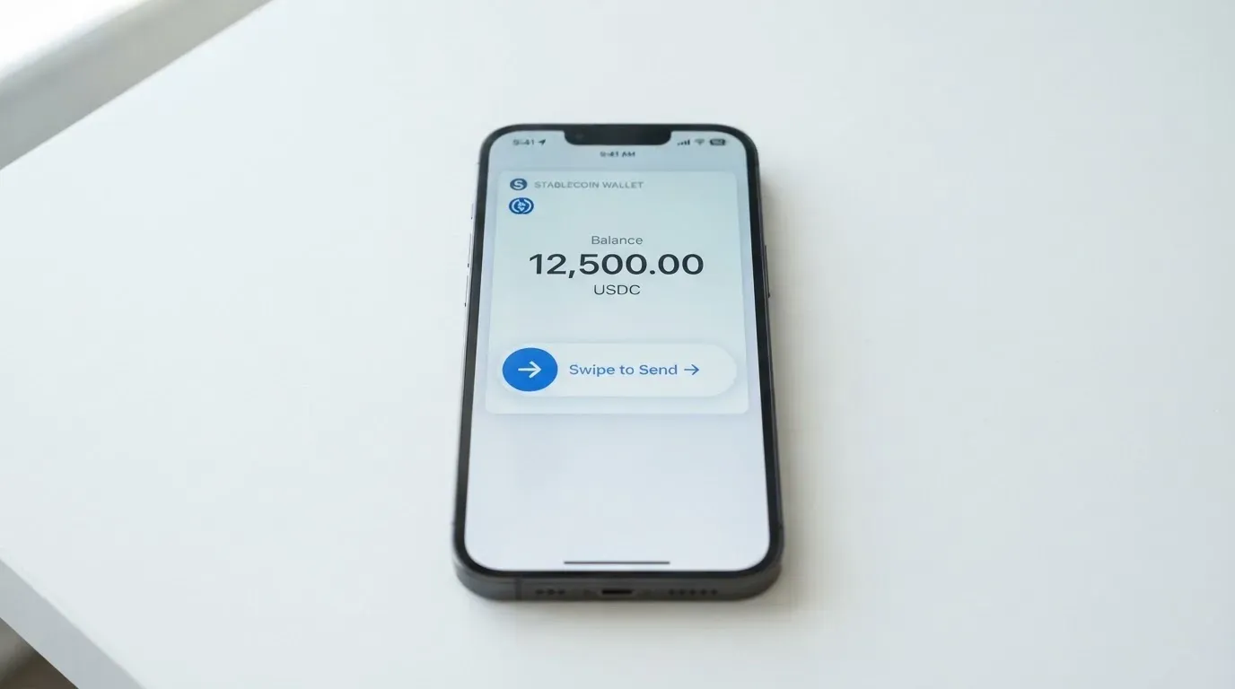 A phone showing a stablecoin transfer screen