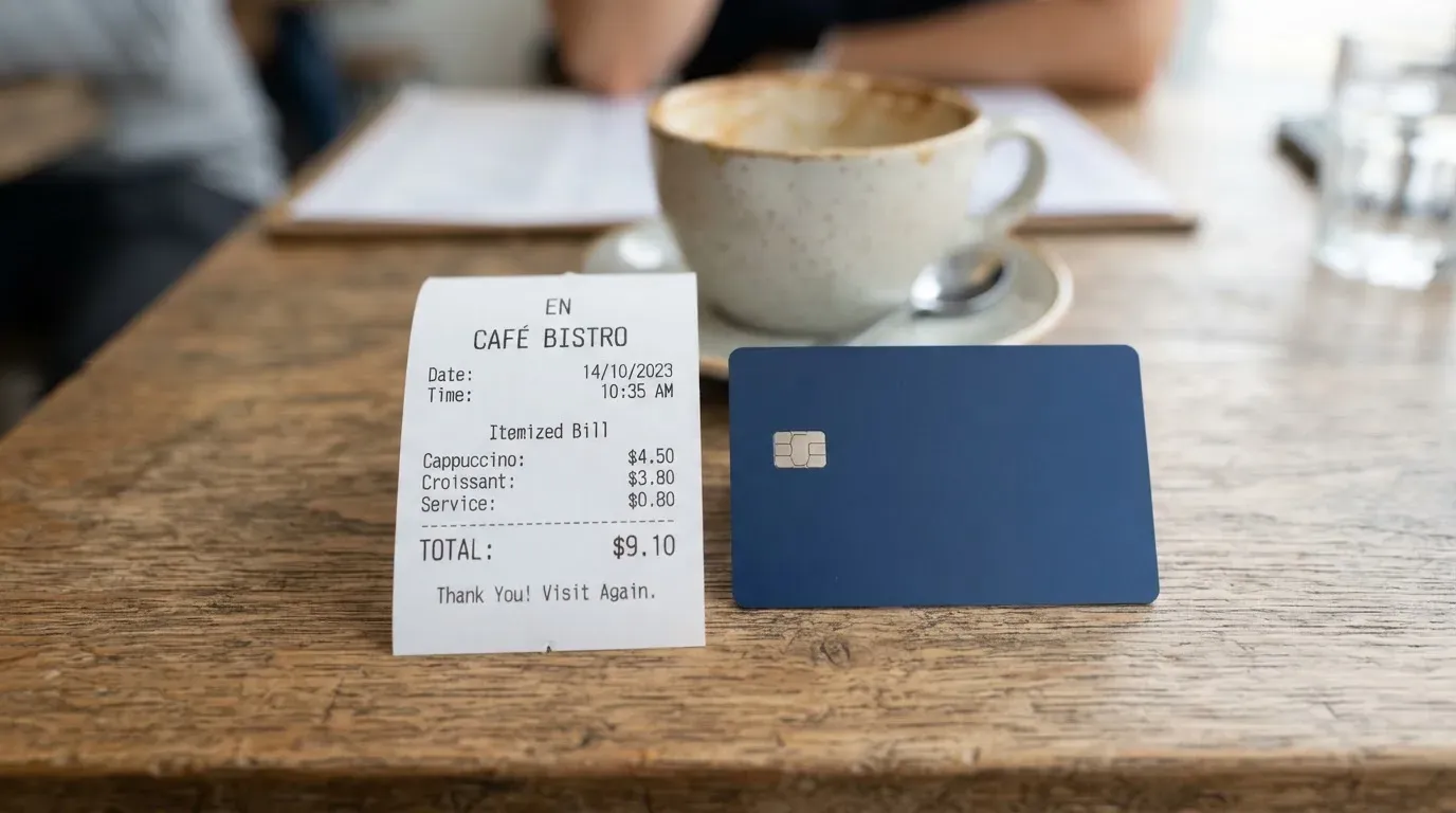 A receipt and a card on a café table