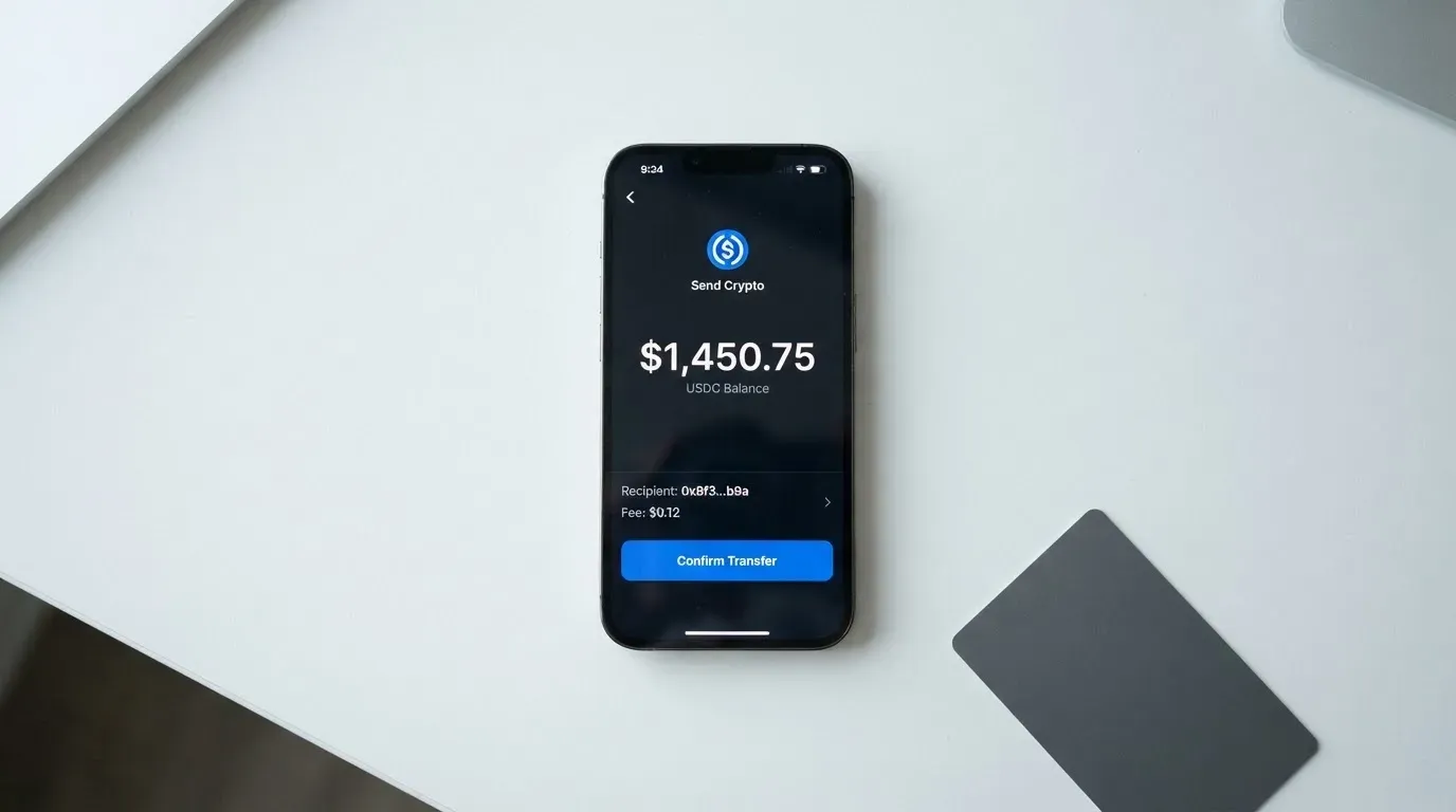 A phone showing a stablecoin transfer screen