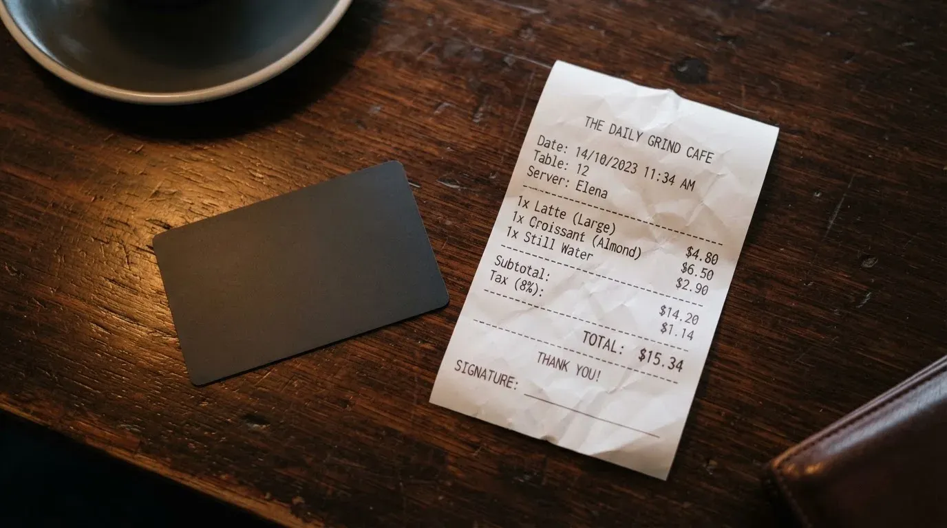 A receipt and a card on a café table